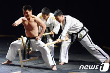 강철 같은 몸 선보이는 북한 태권도 시범단 