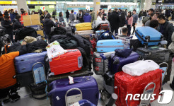 제주공항 대합실에 쌓인 짐