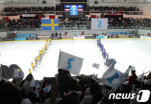 아이스하키 경기장에 펄럭이는 한반도기