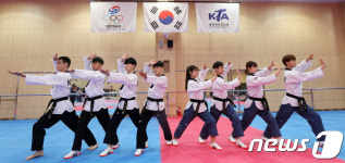 품새 시범 보이는 태권도 국가대표 선수단