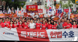 청와대 앞에서 구호외치는 자유한국당