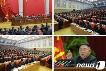 단호한 표정·뿔테 안경…김정은, 노동당 전원회의서 기립박수