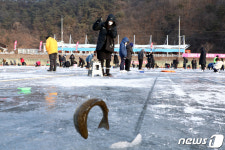 산천어 얼음낚시 즐기는 관광객