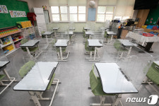 개학 준비하는 초등학교 투명 칸막이 설치된 책상