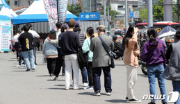 서울역 선별진료소에 길게 늘어선 줄