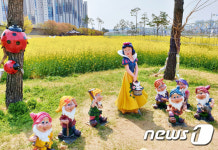 영천 금호강 둔치 꽃밭에 조성된 백설공주 인형