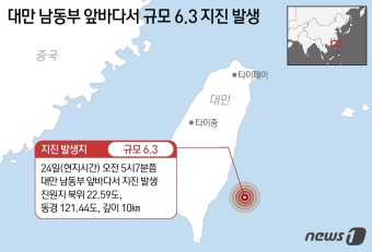 [그래픽]대만 남동부 앞바다 규모 6.3 지진…진앙 해저 10