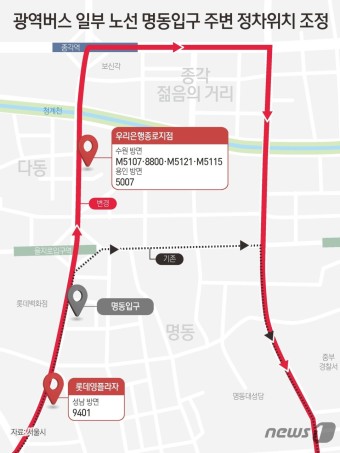 [그래픽] 광역버스 일부 노선 명동입구 주변 정차위치 조정