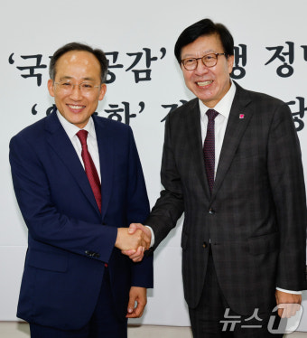박형준 부산시장과 악수하는 추경호 원내대표