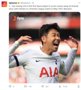평점 7.7 MVP, 손흥민 '또' 기록 경신…30년 만에 아스널 원정 '멀티골', 토트넘 북런던더비 2-2 무승부