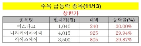 [주목! 급등락 종목(11/13)] 나라케이아이씨, 대규모 자금조달 이틀째 上