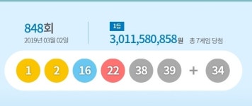 847회 로또 당첨번호 ‘1, 2, 16, 22, 38, 39’…보너스 34
