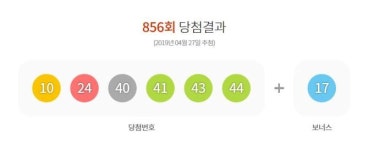  제856회 로또번호 10, 24, 40, 41, 43, 44‥보너스 17
