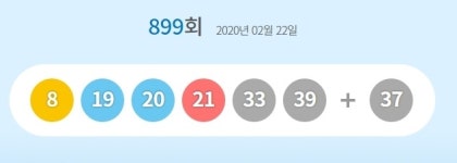 로또 899회 당첨번호 8, 19, 20, 21, 33, 39 보너스 37