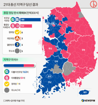 [그래픽] 21대 총선 지역구 당선 결과 및 종합 정당 의석수