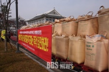 쌀값 폭락에 성난 경북농심 경북신도청에서 볏 가마니 야적 투쟁 돌입