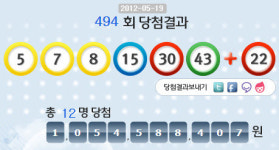 로또 494회 당첨번호 5, 7, 8, 15, 30, 43 보너스 22