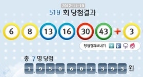 로또 519회 당첨번호 6, 8, 13, 16, 30, 43  보너스 3…1등 19억씩