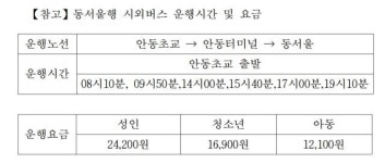 동서울행 시외버스 안동초등학교 앞 운행