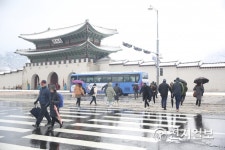 첫눈 내린 광화문… 횡단보도 건너는 시민들