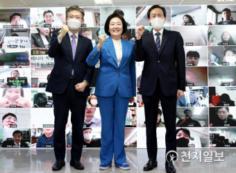 [천지포토] 선거 승리 다짐하는 박영선·조정훈·우상호