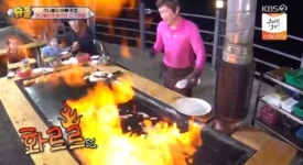 장작 삼겹살, 10명은 먹을 수 있을 것 같은 대규모 철판(슈퍼맨이 돌아왔다)