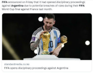 FIFA, 월드컵 우승팀 아르헨티나 징계 절차 착수