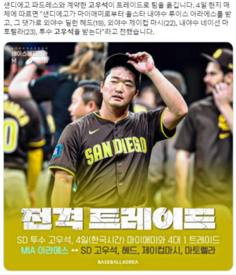 고우석, 전격 트레이드.. SD 파드리스→마이애미 말린스