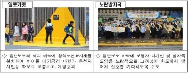 부산시 초등학교 횡단보도에 옐로카펫과 노란발자국 확대 설치