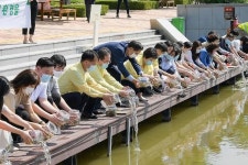 순천시 국가정원 호수정원에 미꾸라지 방류