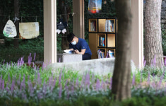 [포토] 시원한 나무 그늘 아래서…2·28 공원 숲 속 도서관