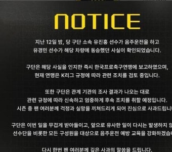 K리그 유진홍, 음주운전으로 활동 정지