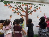 영동천 뚝방길에 감이 주렁주렁 열렸어요