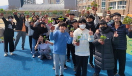 김해 신어초교 환대의 장텃밭에 모종 심기