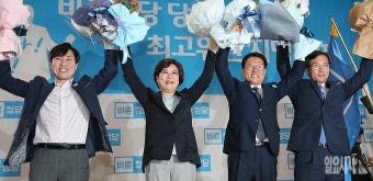 [포토] '모두가 승리자' 꽃다발 든 이혜훈-하태경-정운천