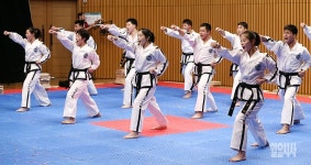 [포토] 기합 가득 찬 북측 태권도 시범단