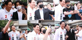 [M포토] 오세훈, 영등포 유세서 시민들과 '포토타임'