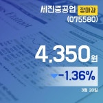 (장마감보고서) 20일 세진중공업주가 4,350원 마감해