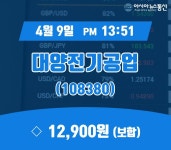 (주식실황) 9일 대양전기공업증시현황 12,900원