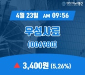 (국내주식시장현황) 23일 우성사료 현재 주식 거래가격 3,400원
