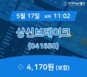 (증시보고) 17일 상신브레이크 거래가격 4,170원
