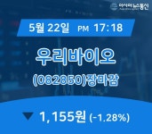 장마감보고서 22일 우리바이오 주가 1,155원으로 마감