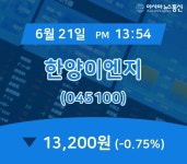 (장중시세) 21일 한양이엔지 현재가 13,200원