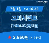 [인기주 주가정보] 고려시멘트 주가 2,960원으로 마감