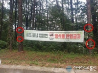 한원CC클럽하우스 진입로 나무사이 현수막 설치…나무가 아파해요