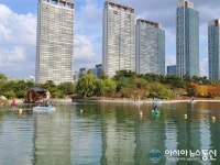 송도 빌딩숲 속의 센트럴파크공원에서 주말을 즐기고 있는 관광객들