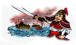 한산 전투 아홉 번 이기며 앞장 서서 적선에 오르다