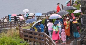 더위 식히는 비날씨 속 용두암 관광