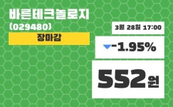 (28일공감마감정보) 바른테크놀로지 주가 552원으로 장 마감