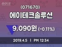 에이테크솔루션 주가정보 및 증권정보와 종목동정 5일  현재 9090원
